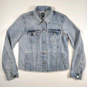 Gap Woman’s XS Jacket Distressed Cropped Light Indigo Jean Denim Button Front